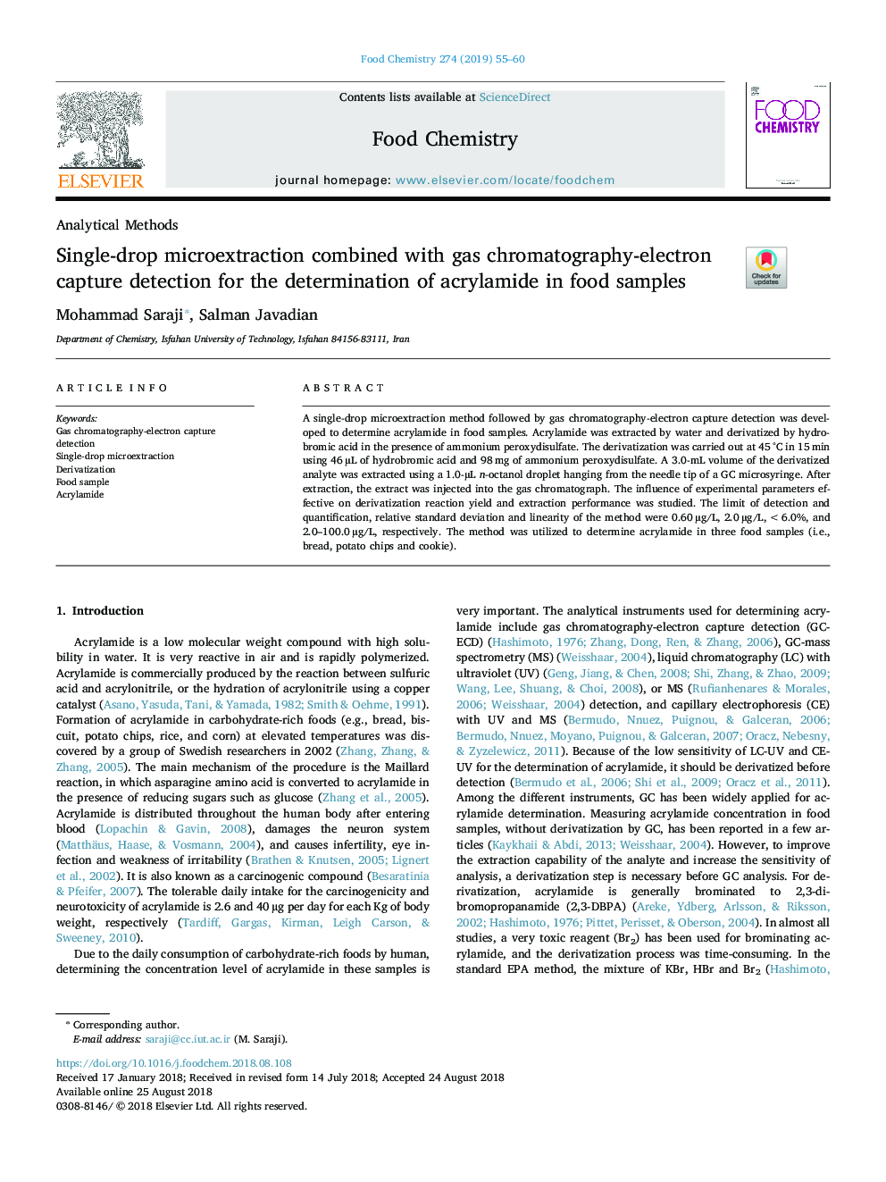 Single-drop microextraction combined with gas chromatography-electron capture detection for the determination of acrylamide in food samples