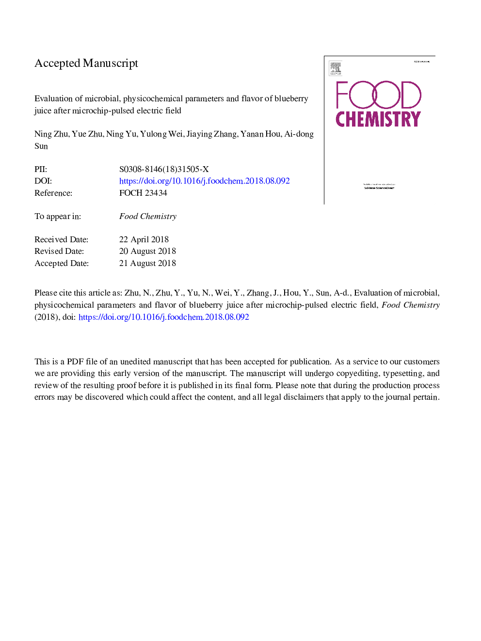 Evaluation of microbial, physicochemical parameters and flavor of blueberry juice after microchip-pulsed electric field