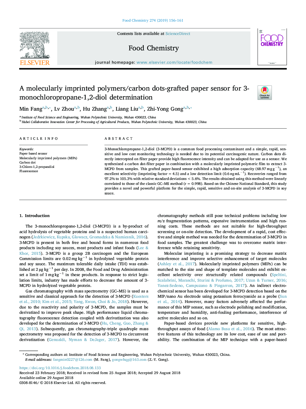 A molecularly imprinted polymers/carbon dots-grafted paper sensor for 3-monochloropropane-1,2-diol determination