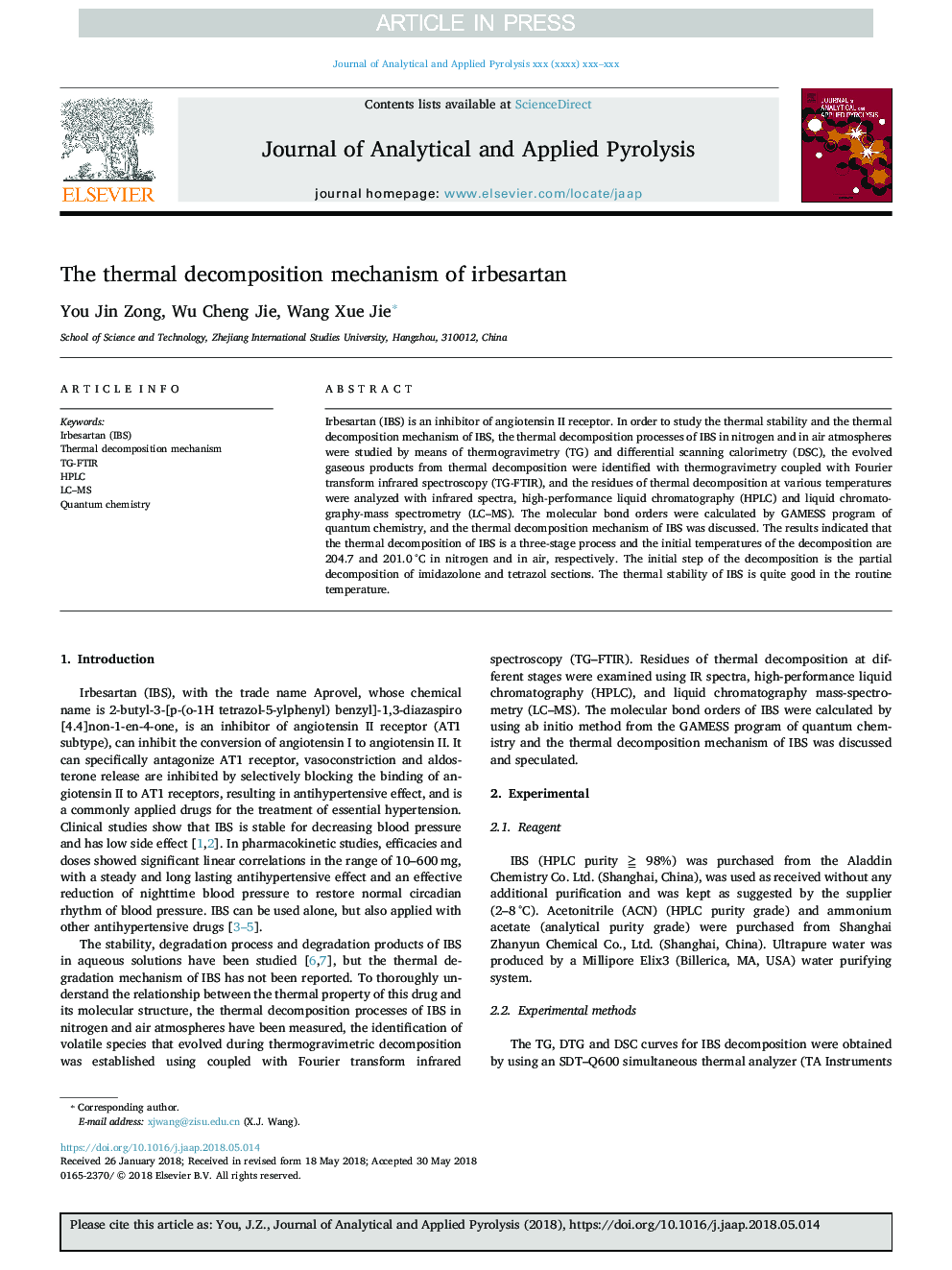 The thermal decomposition mechanism of irbesartan