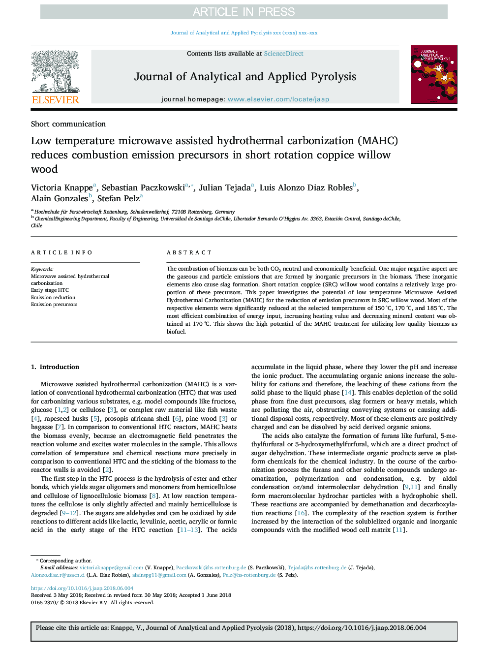 Low temperature microwave assisted hydrothermal carbonization (MAHC) reduces combustion emission precursors in short rotation coppice willow wood