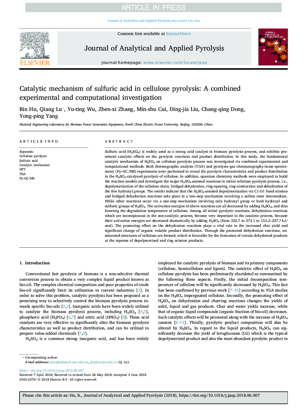 مکانیسم کاتالیزوری اسید سولفوریک در پیرولیز سلولز: یک بررسی ترکیبی تجربی و محاسباتی