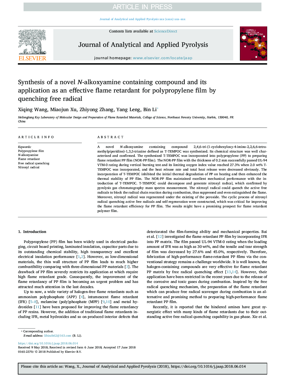 Synthesis of a novel N-alkoxyamine containing compound and its application as an effective flame retardant for polypropylene film by quenching free radical