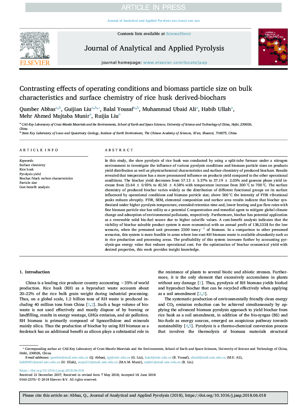 Contrasting effects of operating conditions and biomass particle size on bulk characteristics and surface chemistry of rice husk derived-biochars