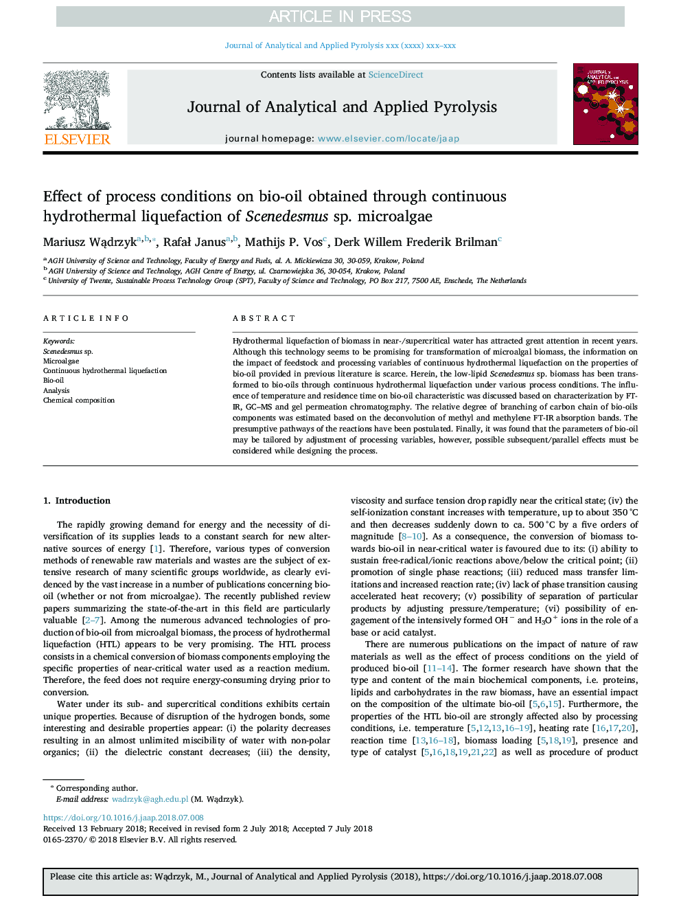 Effect of process conditions on bio-oil obtained through continuous hydrothermal liquefaction of Scenedesmus sp. microalgae