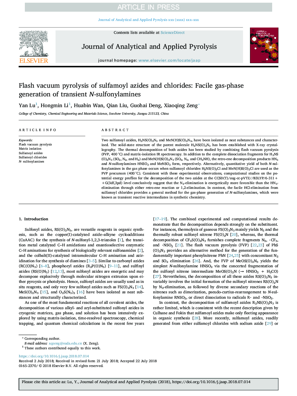 Flash vacuum pyrolysis of sulfamoyl azides and chlorides: Facile gas-phase generation of transient N-sulfonylamines