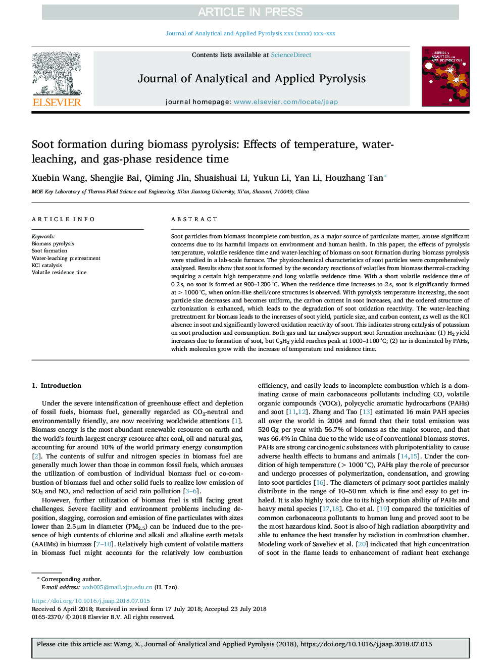 Soot formation during biomass pyrolysis: Effects of temperature, water-leaching, and gas-phase residence time