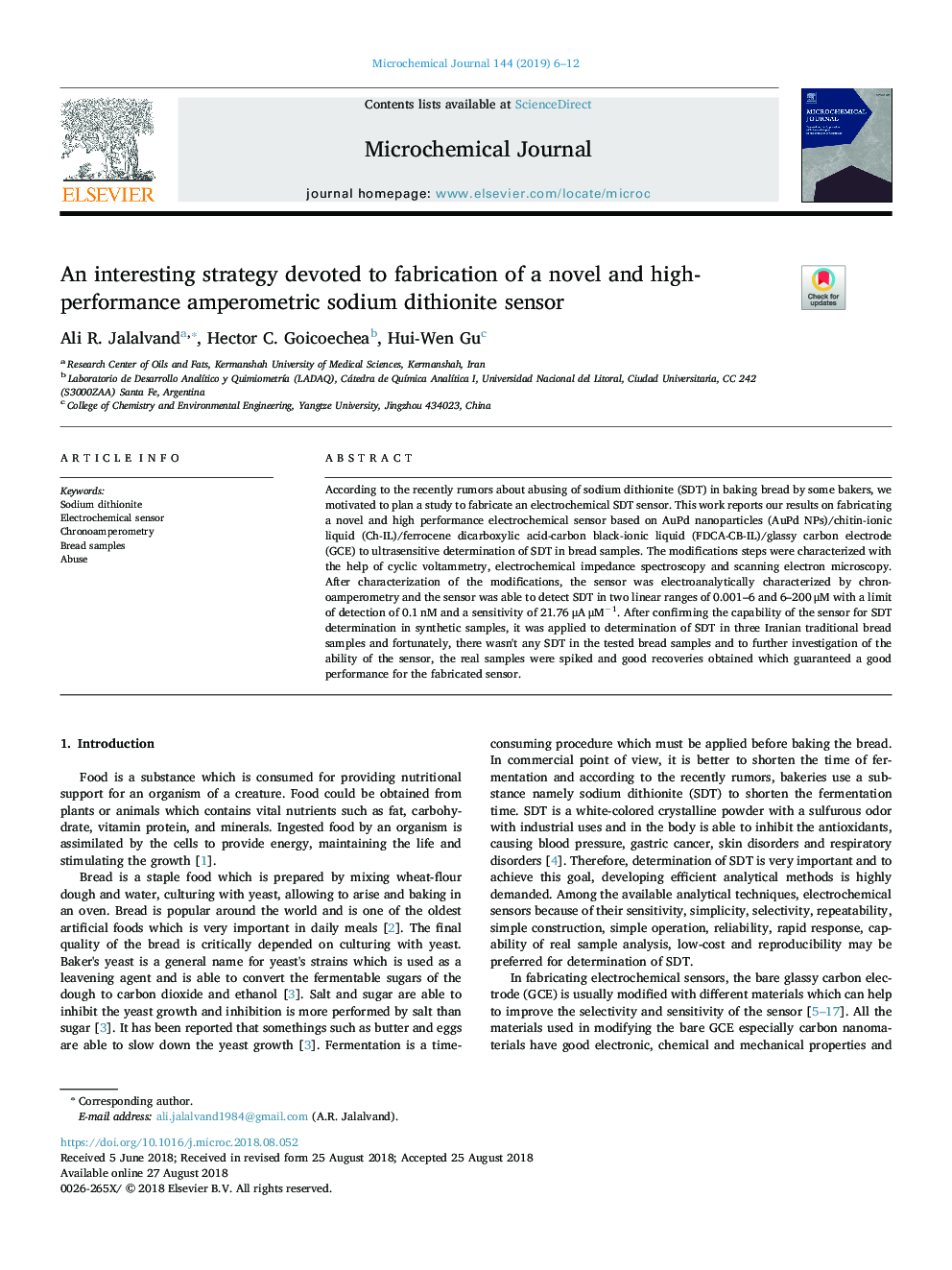 An interesting strategy devoted to fabrication of a novel and high-performance amperometric sodium dithionite sensor