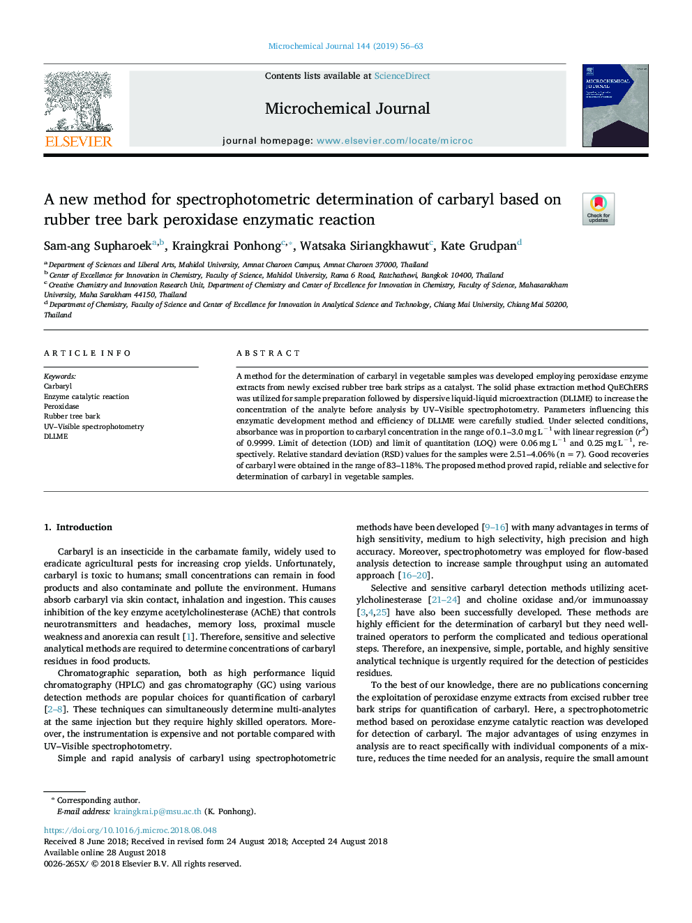 A new method for spectrophotometric determination of carbaryl based on rubber tree bark peroxidase enzymatic reaction