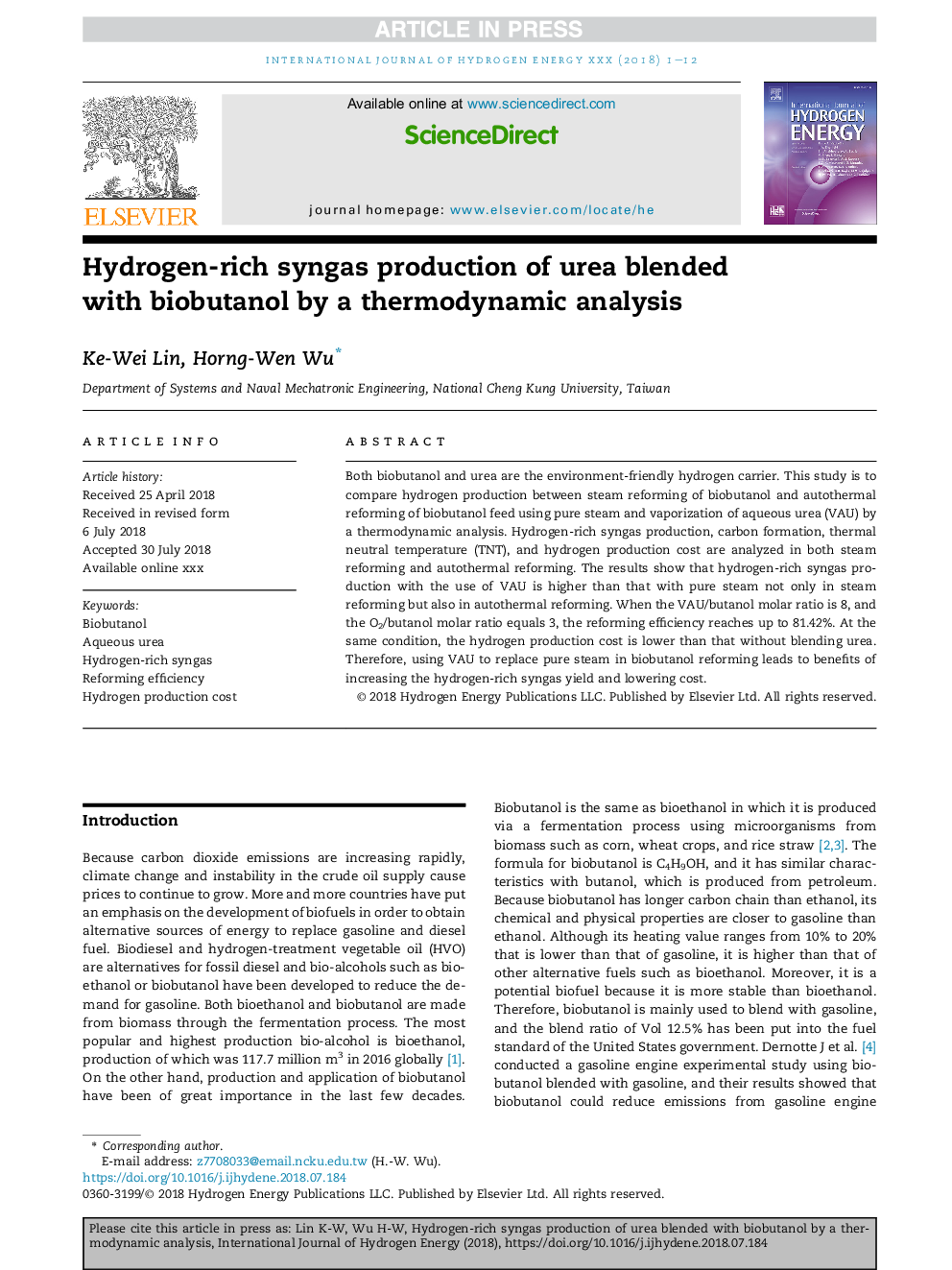 Hydrogen-rich syngas production of urea blended with biobutanol by a thermodynamic analysis