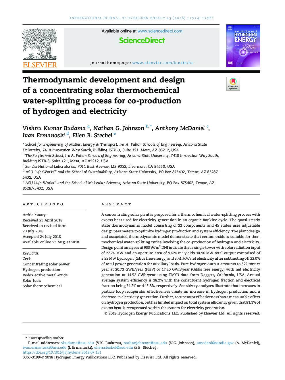 Thermodynamic development and design ofÂ aÂ concentrating solar thermochemical water-splitting process for co-production ofÂ hydrogen and electricity