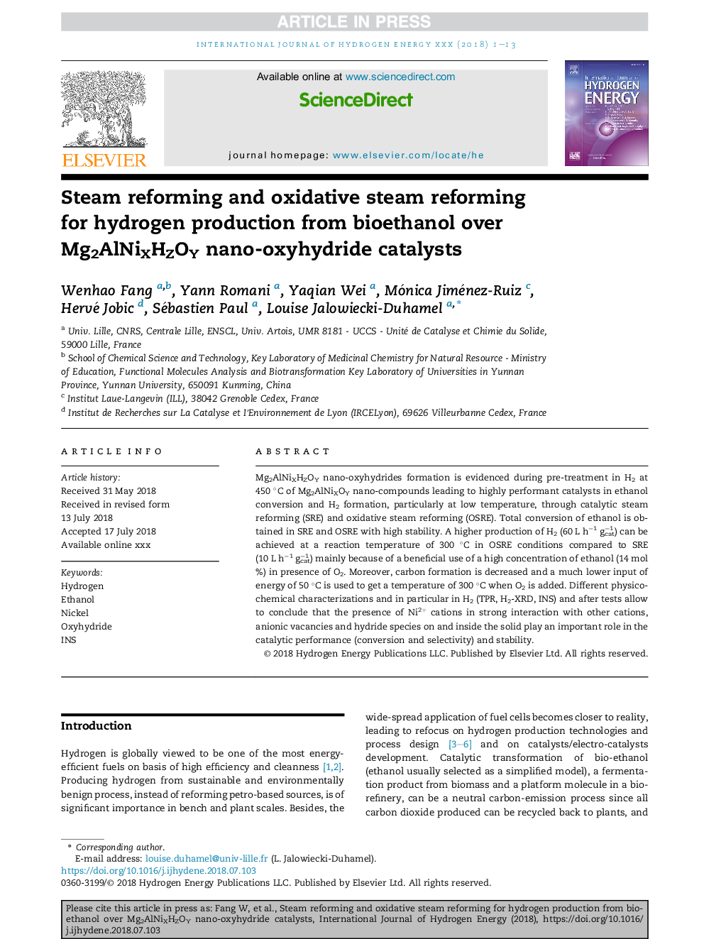 Steam reforming and oxidative steam reforming for hydrogen production from bioethanol over Mg2AlNiXHZOY nano-oxyhydride catalysts