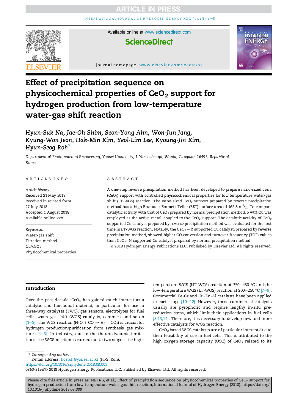 Effect of precipitation sequence on physicochemical properties of CeO2 support for hydrogen production from low-temperature water-gas shift reaction