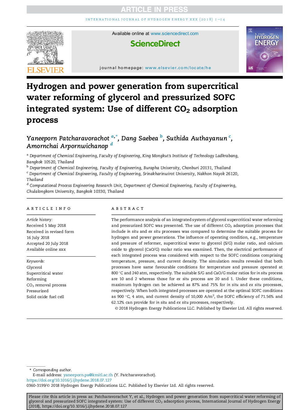 Hydrogen and power generation from supercritical water reforming of glycerol and pressurized SOFC integrated system: Use of different CO2 adsorption process