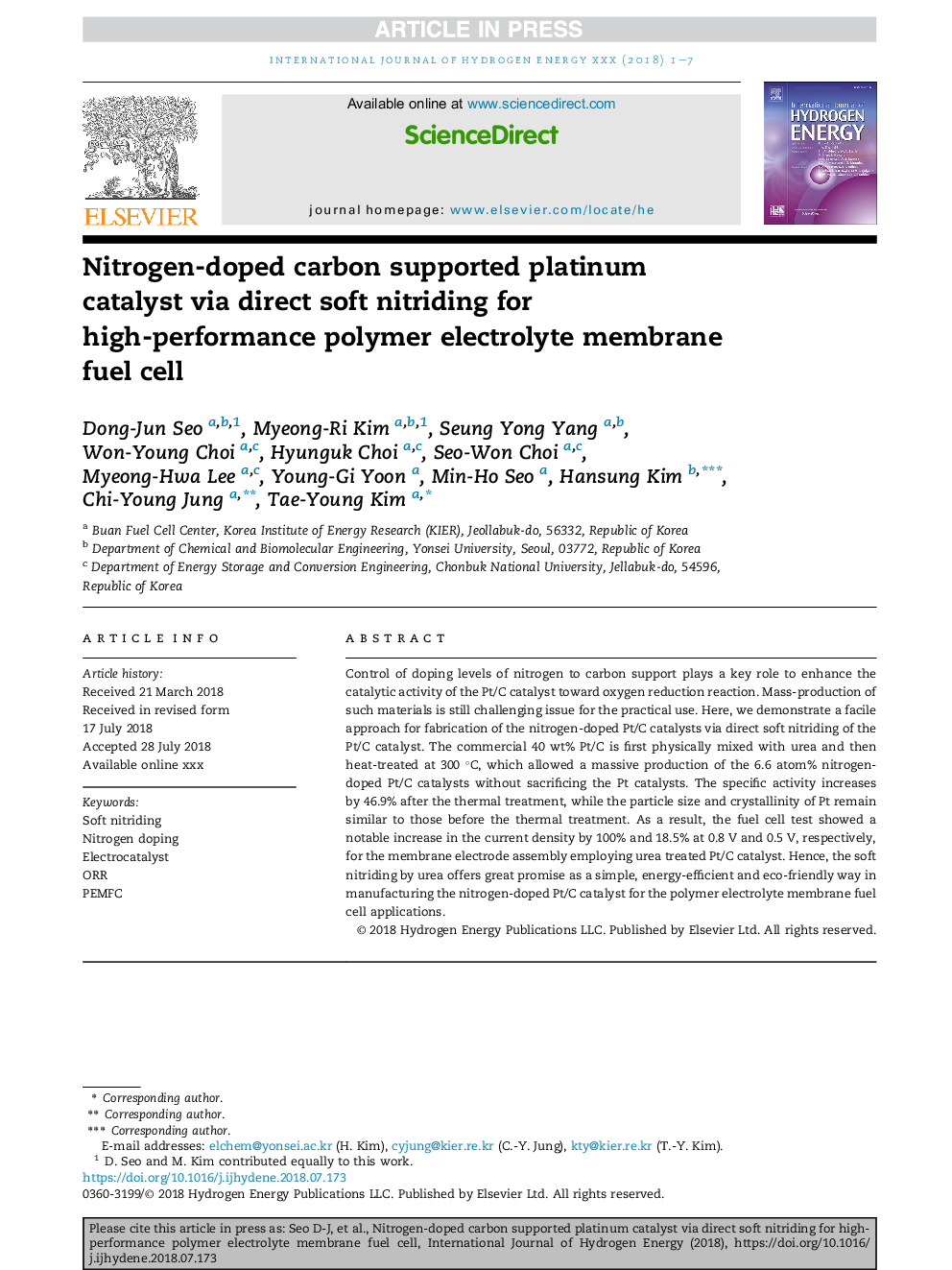 Nitrogen-doped carbon supported platinum catalyst via direct soft nitriding for high-performance polymer electrolyte membrane fuel cell