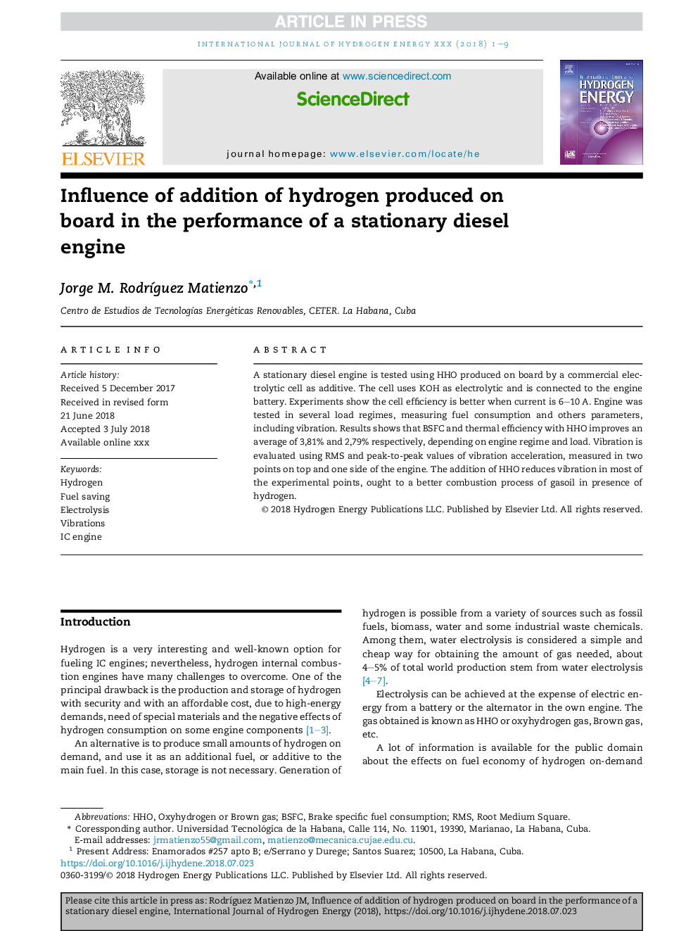 Influence of addition of hydrogen produced on board in the performance of a stationary diesel engine