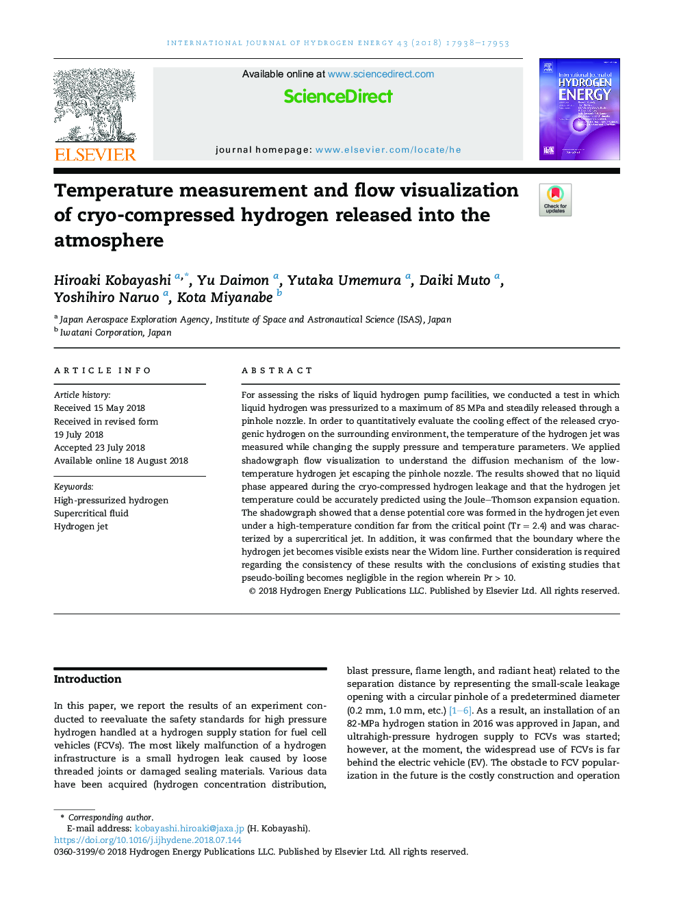 Temperature measurement and flow visualization of cryo-compressed hydrogen released into the atmosphere