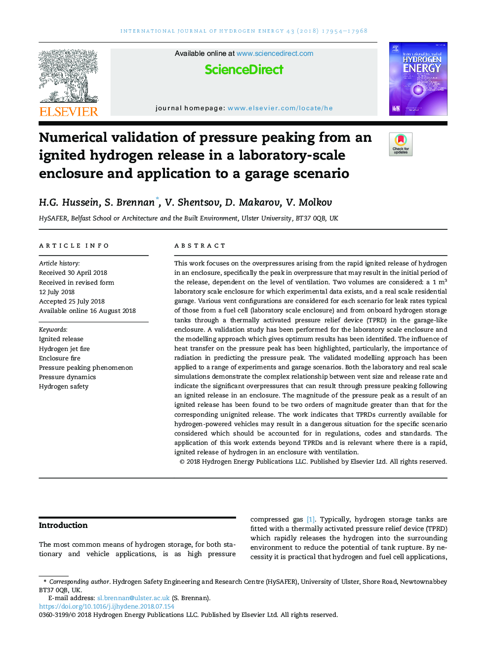 Numerical validation of pressure peaking from an ignited hydrogen release in a laboratory-scale enclosure and application to a garage scenario