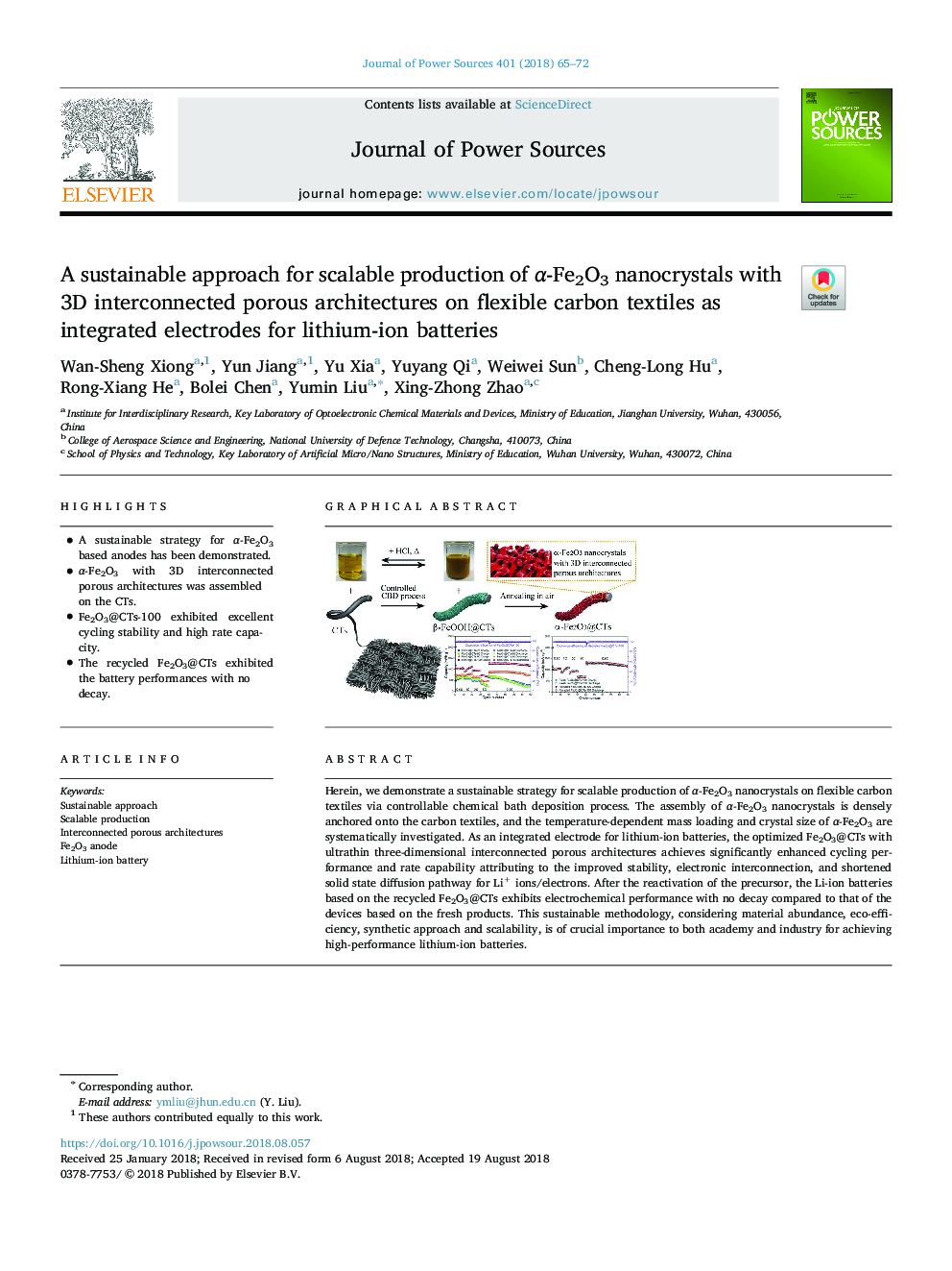 A sustainable approach for scalable production of Î±-Fe2O3 nanocrystals with 3D interconnected porous architectures on flexible carbon textiles as integrated electrodes for lithium-ion batteries