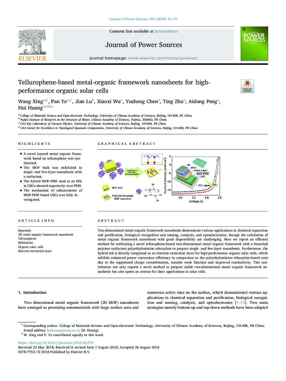 Tellurophene-based metal-organic framework nanosheets for high-performance organic solar cells