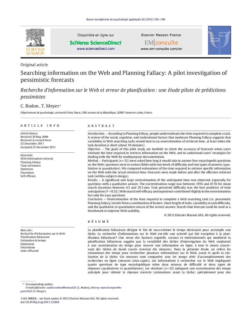 Searching information on the Web and Planning Fallacy: A pilot investigation of pessimistic forecasts