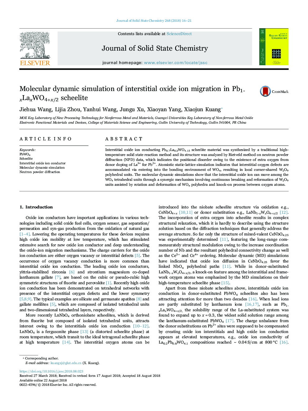 Molecular dynamic simulation of interstitial oxide ion migration in Pb1-xLaxWO4+x/2 scheelite