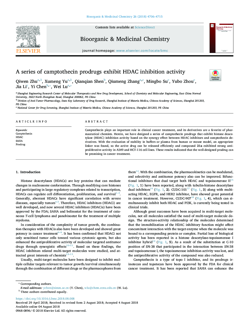 A series of camptothecin prodrugs exhibit HDAC inhibition activity