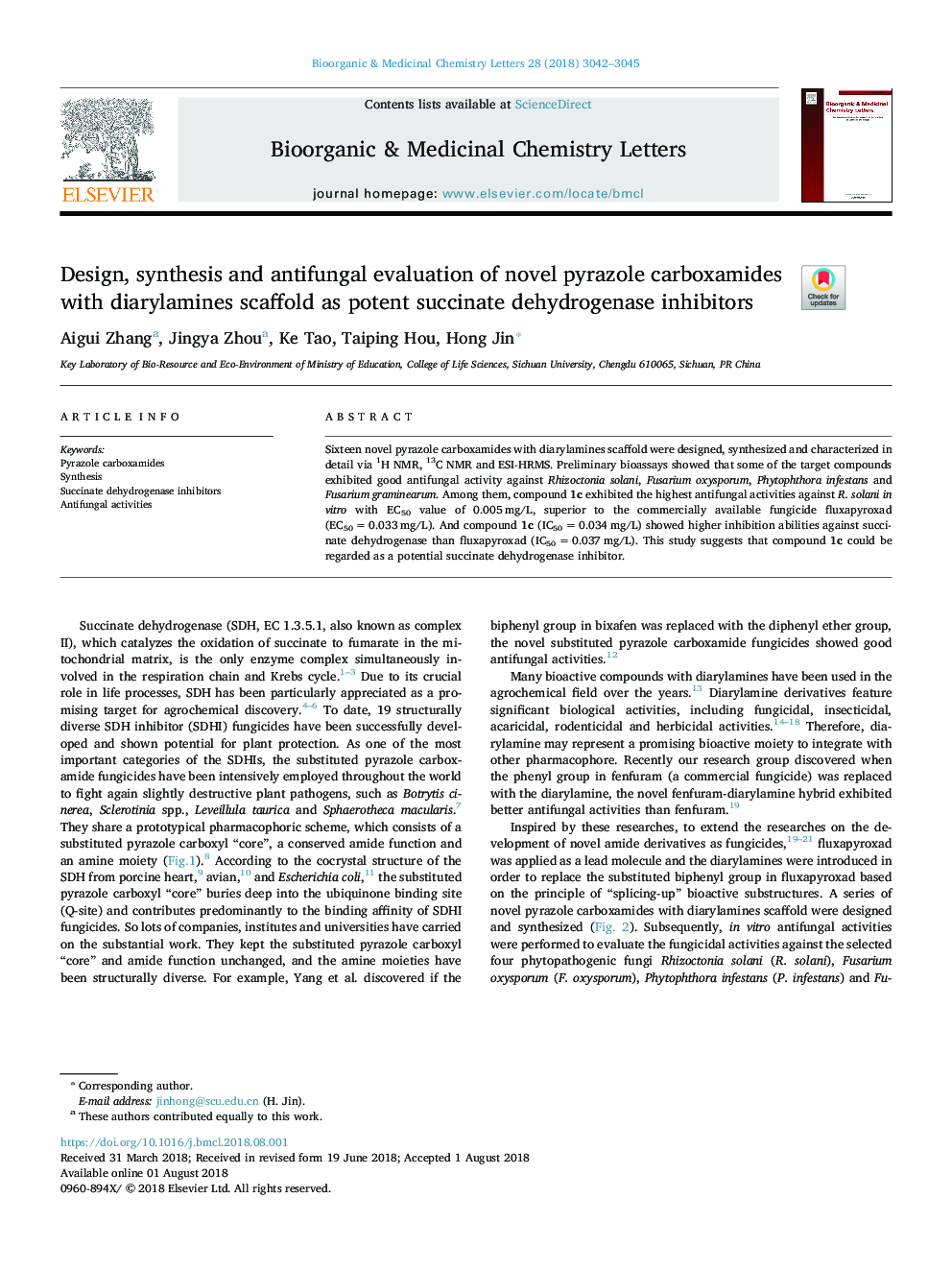 Design, synthesis and antifungal evaluation of novel pyrazole carboxamides with diarylamines scaffold as potent succinate dehydrogenase inhibitors