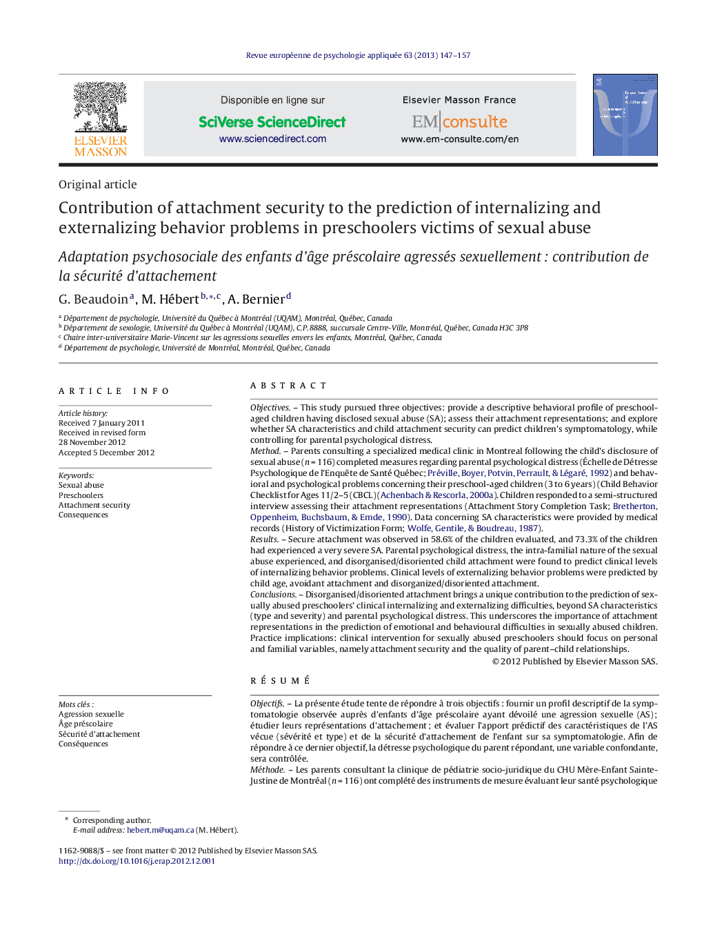 Contribution of attachment security to the prediction of internalizing and externalizing behavior problems in preschoolers victims of sexual abuse