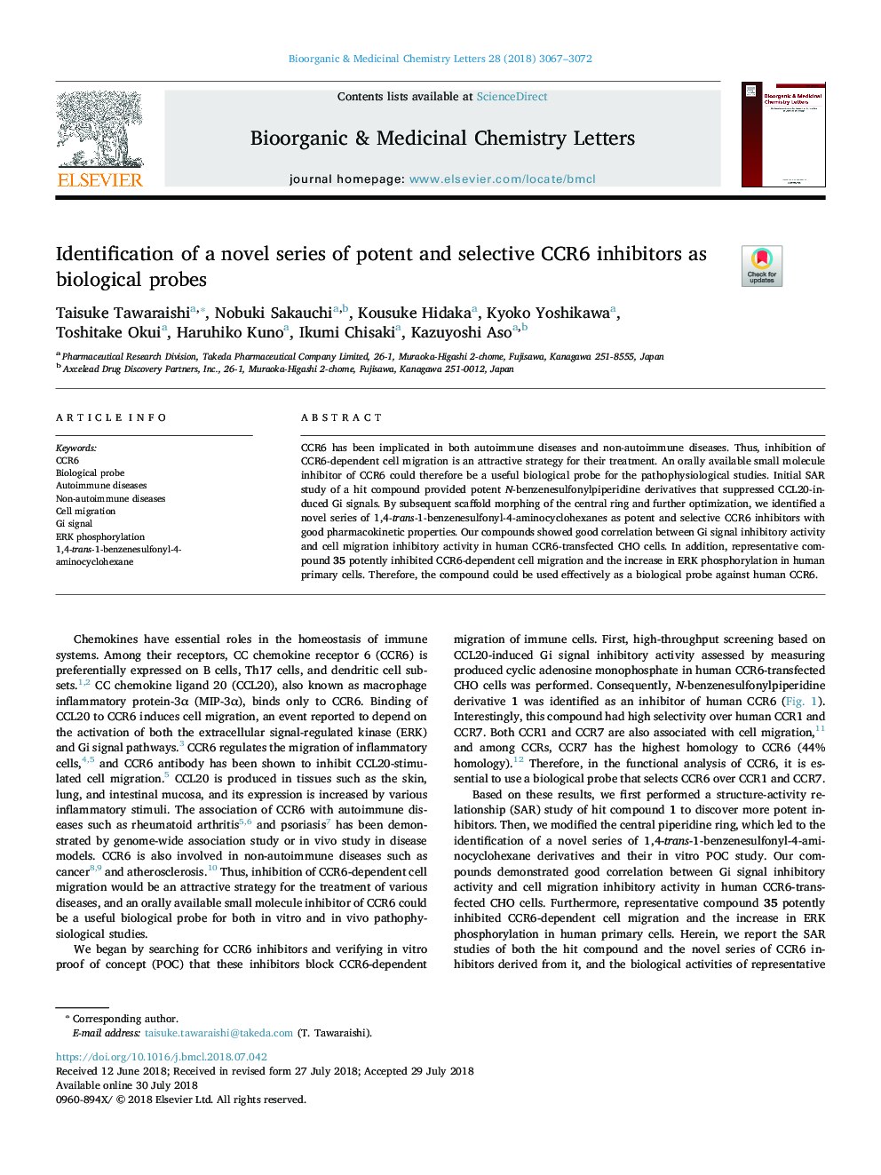 Identification of a novel series of potent and selective CCR6 inhibitors as biological probes