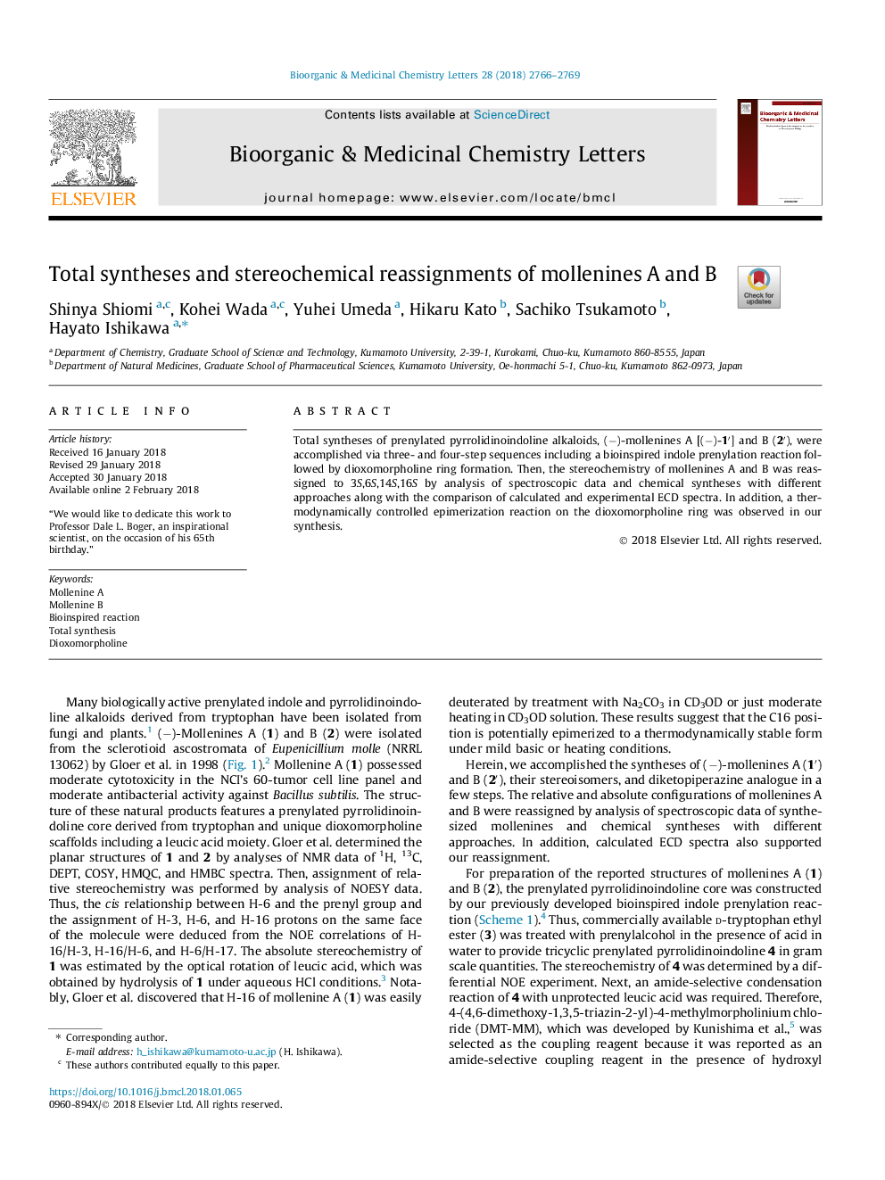 Total syntheses and stereochemical reassignments of mollenines A and B