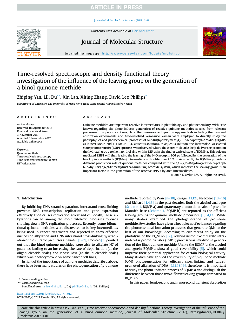 Time-resolved spectroscopic and density functional theory investigation of the influence of the leaving group on the generation of a binol quinone methide