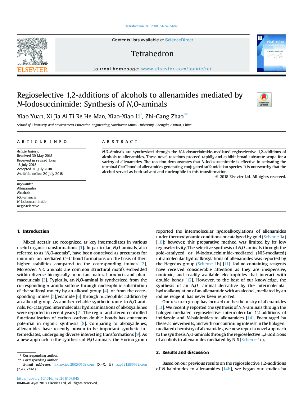 Regioselective 1,2-additions of alcohols to allenamides mediated by N-Iodosuccinimide: Synthesis of N,O-aminals