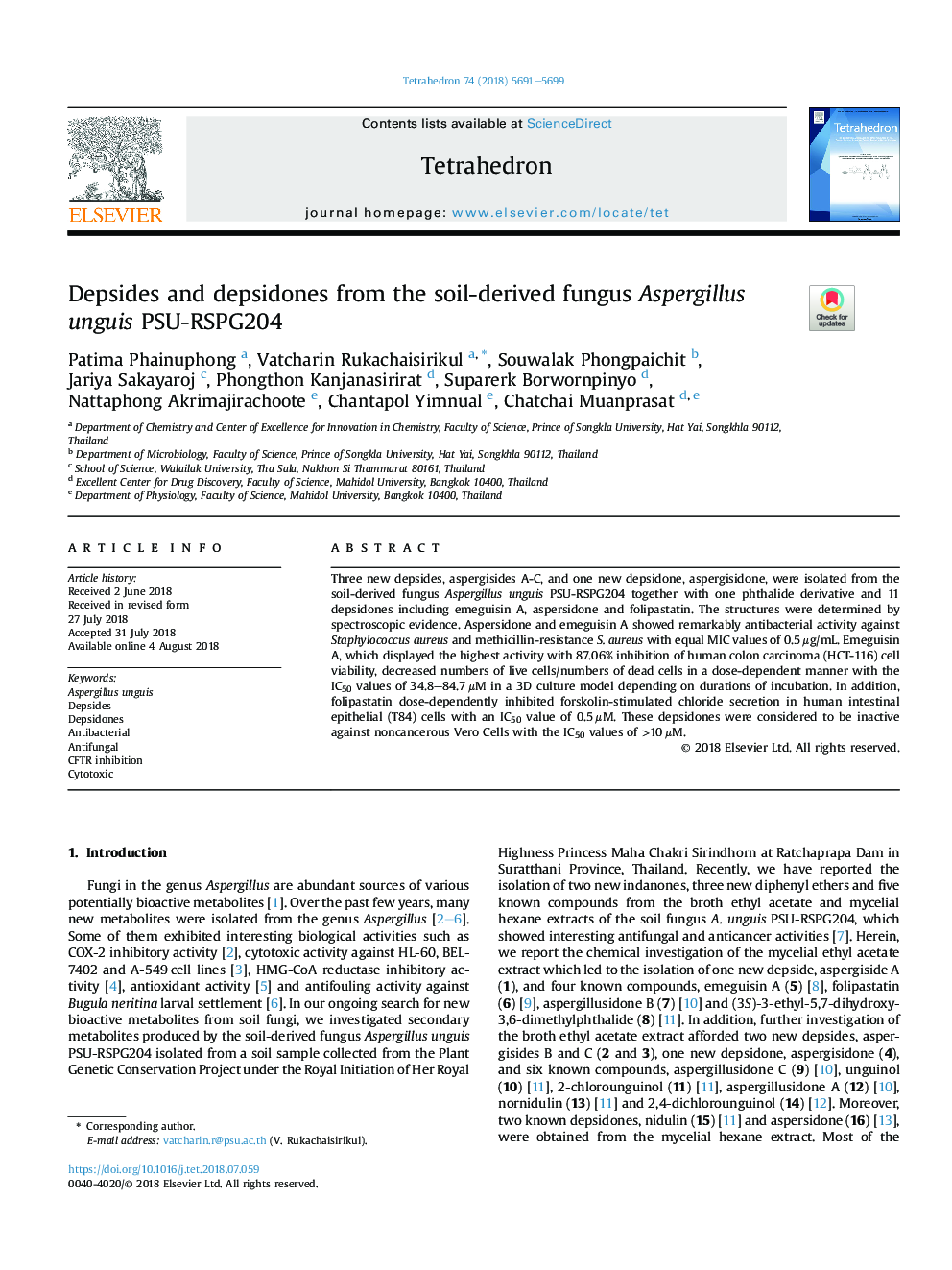 Depsides and depsidones from the soil-derived fungus Aspergillus unguis PSU-RSPG204