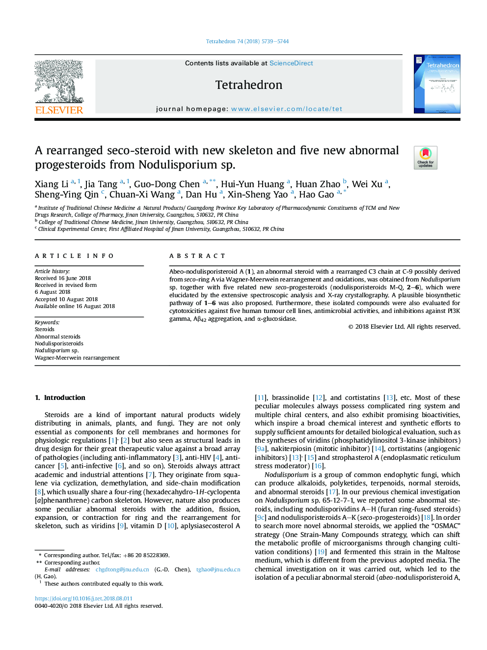 A rearranged seco-steroid with new skeleton and five new abnormal progesteroids from Nodulisporium sp.