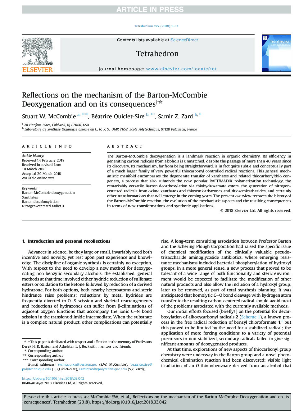 Reflections on the mechanism of the Barton-McCombie Deoxygenation and on its consequencesâ 