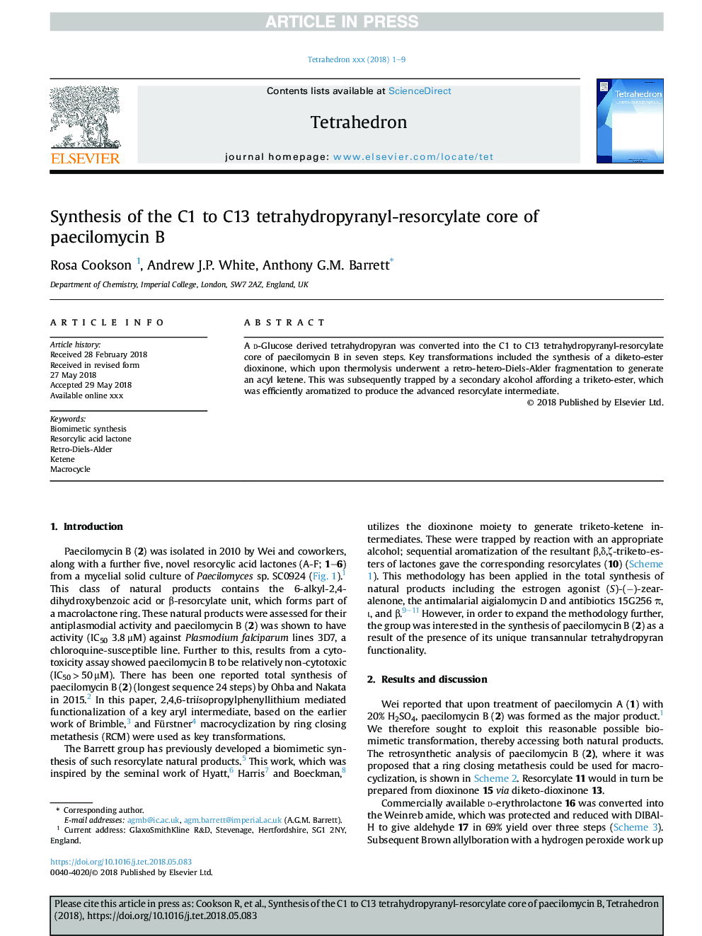 Synthesis of the C1 to C13 tetrahydropyranyl-resorcylate core of paecilomycin B
