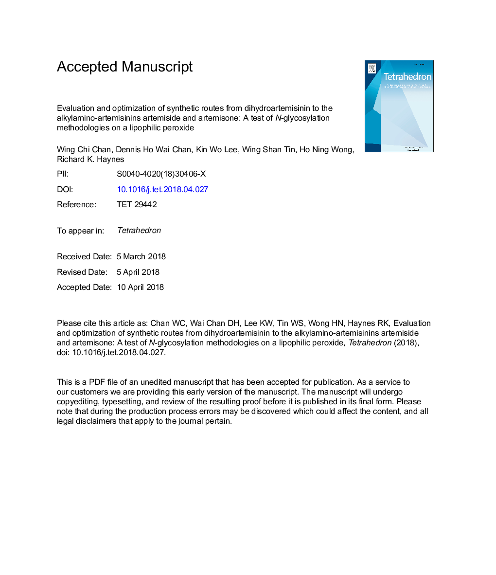 Evaluation and optimization of synthetic routes from dihydroartemisinin to the alkylamino-artemisinins artemiside and artemisone: A test of N-glycosylation methodologies on a lipophilic peroxide