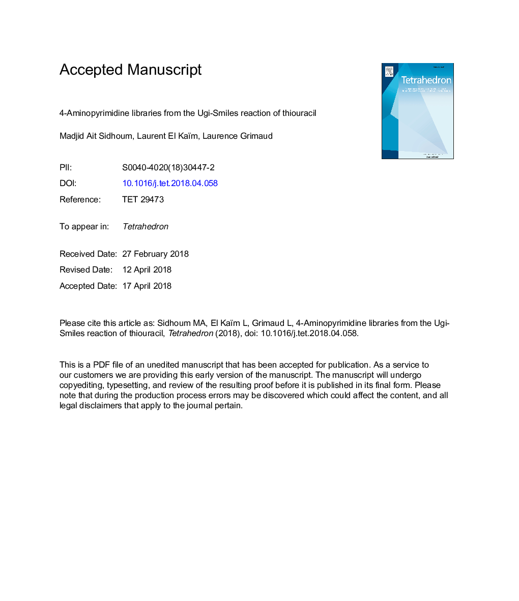 4-Aminopyrimidine libraries from the Ugi-Smiles reaction of thiouracil