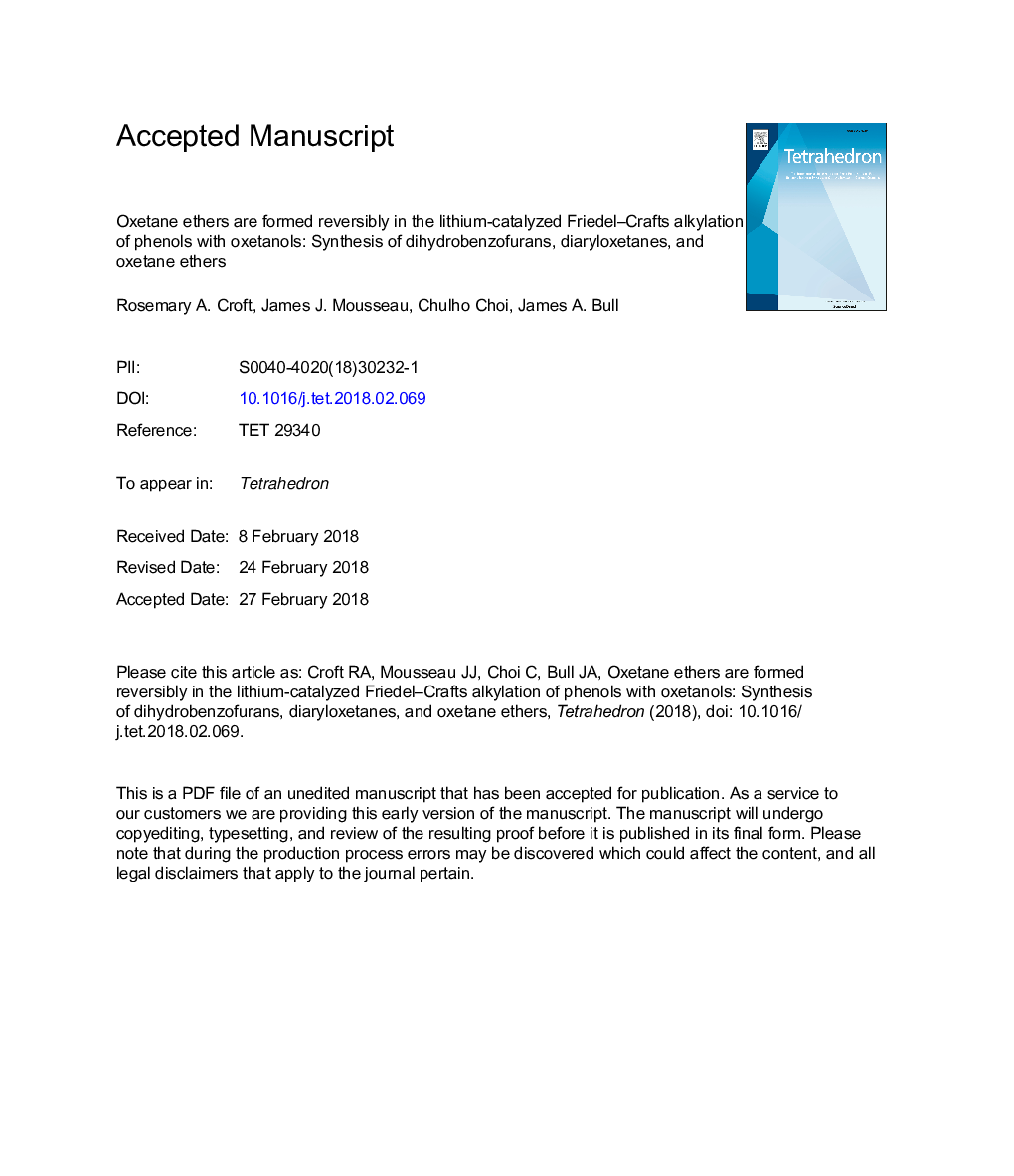 Oxetane ethers are formed reversibly in the lithium-catalyzed Friedel-Crafts alkylation of phenols with oxetanols: Synthesis of dihydrobenzofurans, diaryloxetanes, and oxetane ethers