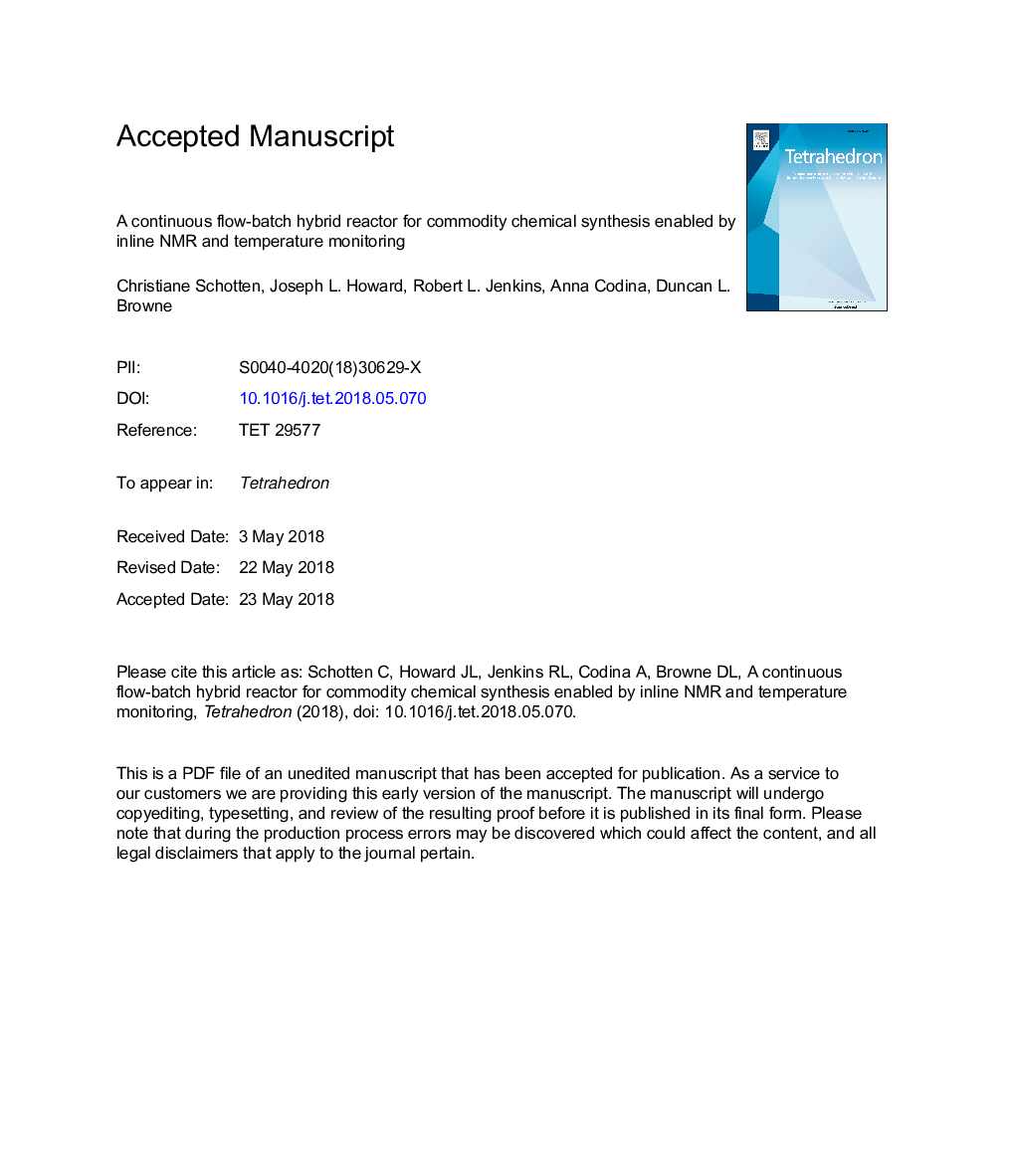 A continuous flow-batch hybrid reactor for commodity chemical synthesis enabled by inline NMR and temperature monitoring