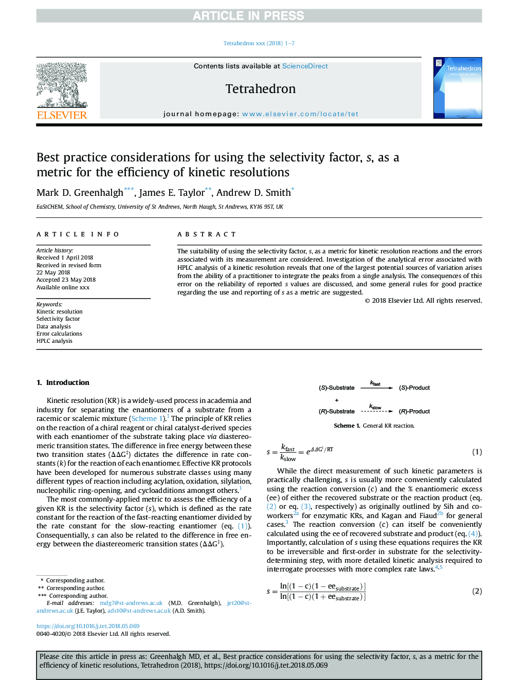 عکس صفحه اول مقاله: Best practice considerations for using the selectivity factor, s, as a metric for the efficiency of kinetic resolutions Best practice considerations for using the selectivity factor, s, as a metric for the efficiency of kinetic resolutions