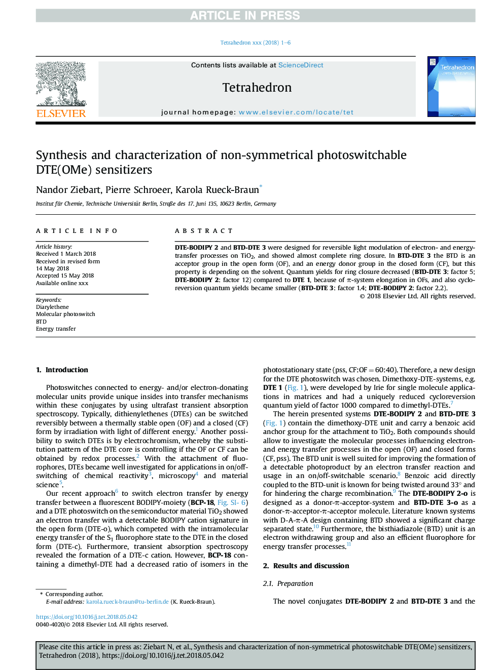 Synthesis and characterization of non-symmetrical photoswitchable DTE(OMe) sensitizers