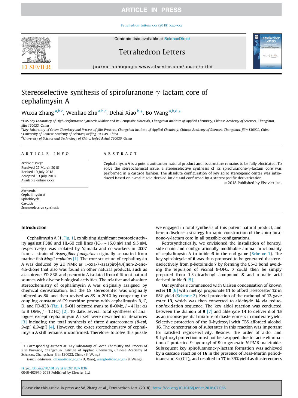 Stereoselective synthesis of spirofuranone-Î³-lactam core of cephalimysin A