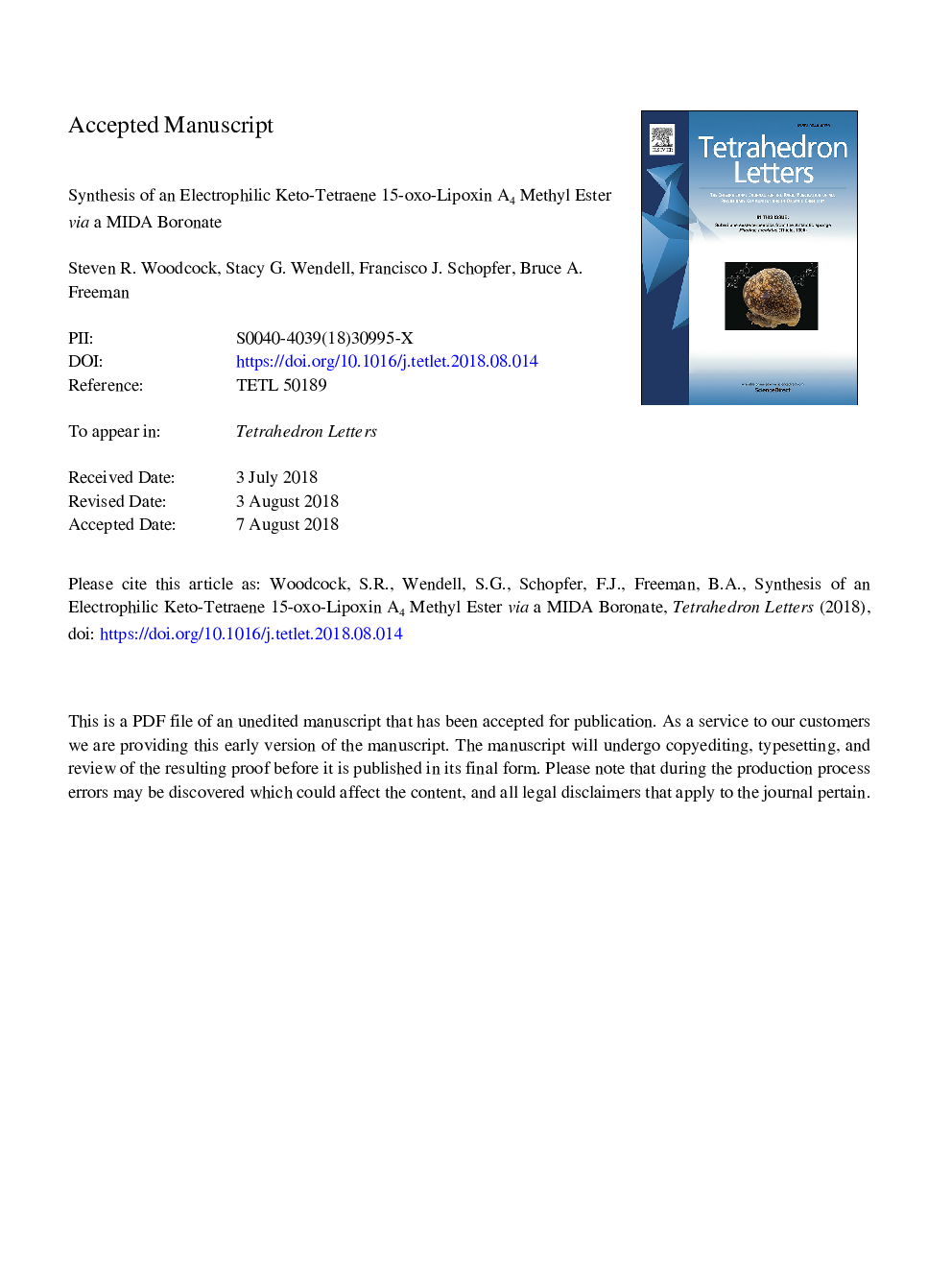 Synthesis of an electrophilic keto-tetraene 15-oxo-Lipoxin A4 methyl ester via a MIDA boronate