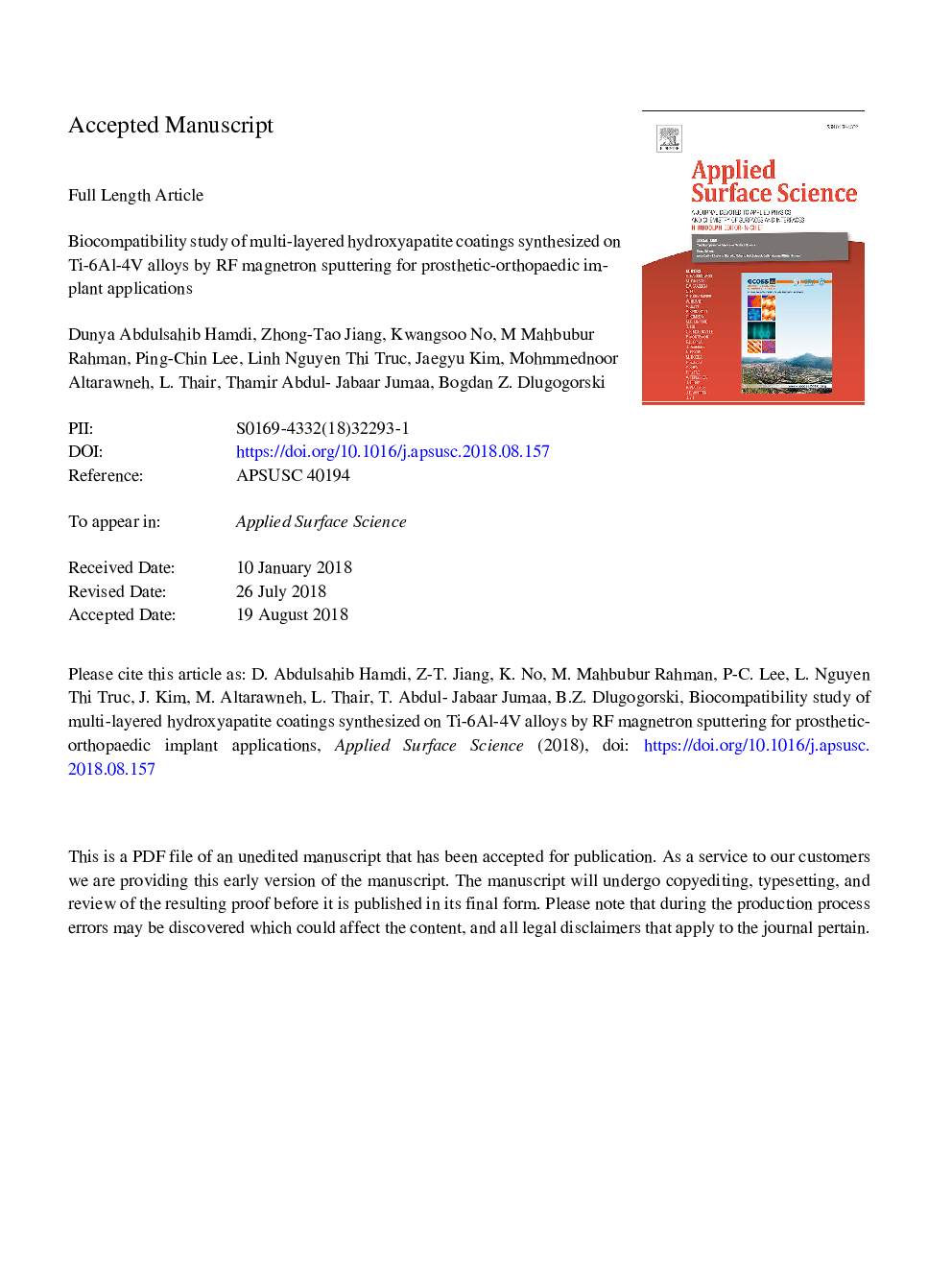 Biocompatibility study of multi-layered hydroxyapatite coatings synthesized on Ti-6Al-4V alloys by RF magnetron sputtering for prosthetic-orthopaedic implant applications