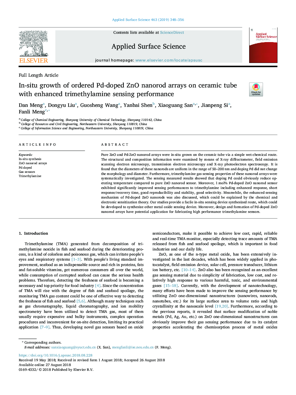 In-situ growth of ordered Pd-doped ZnO nanorod arrays on ceramic tube with enhanced trimethylamine sensing performance