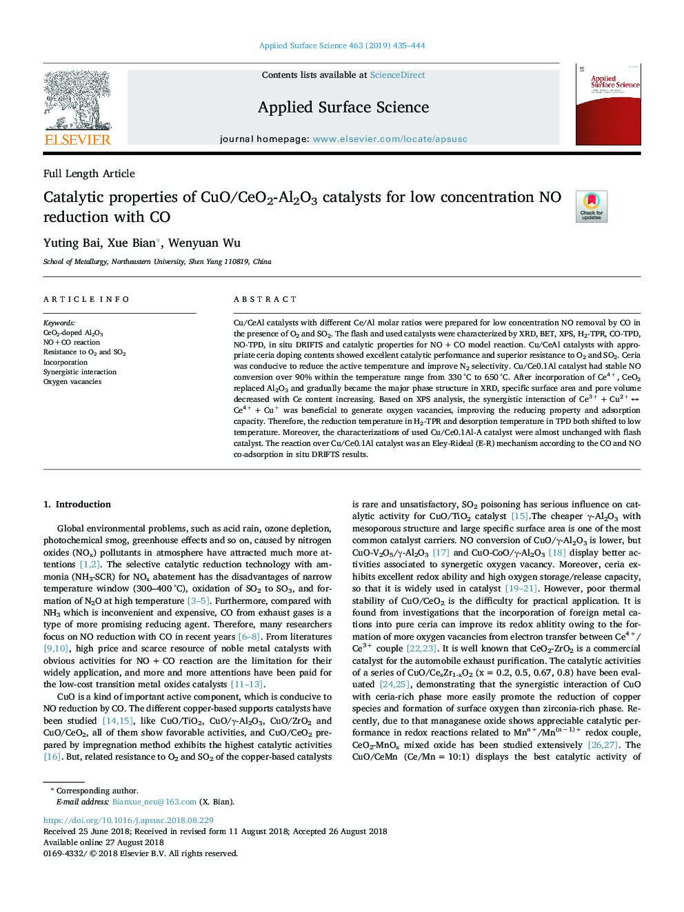 Catalytic properties of CuO/CeO2-Al2O3 catalysts for low concentration NO reduction with CO