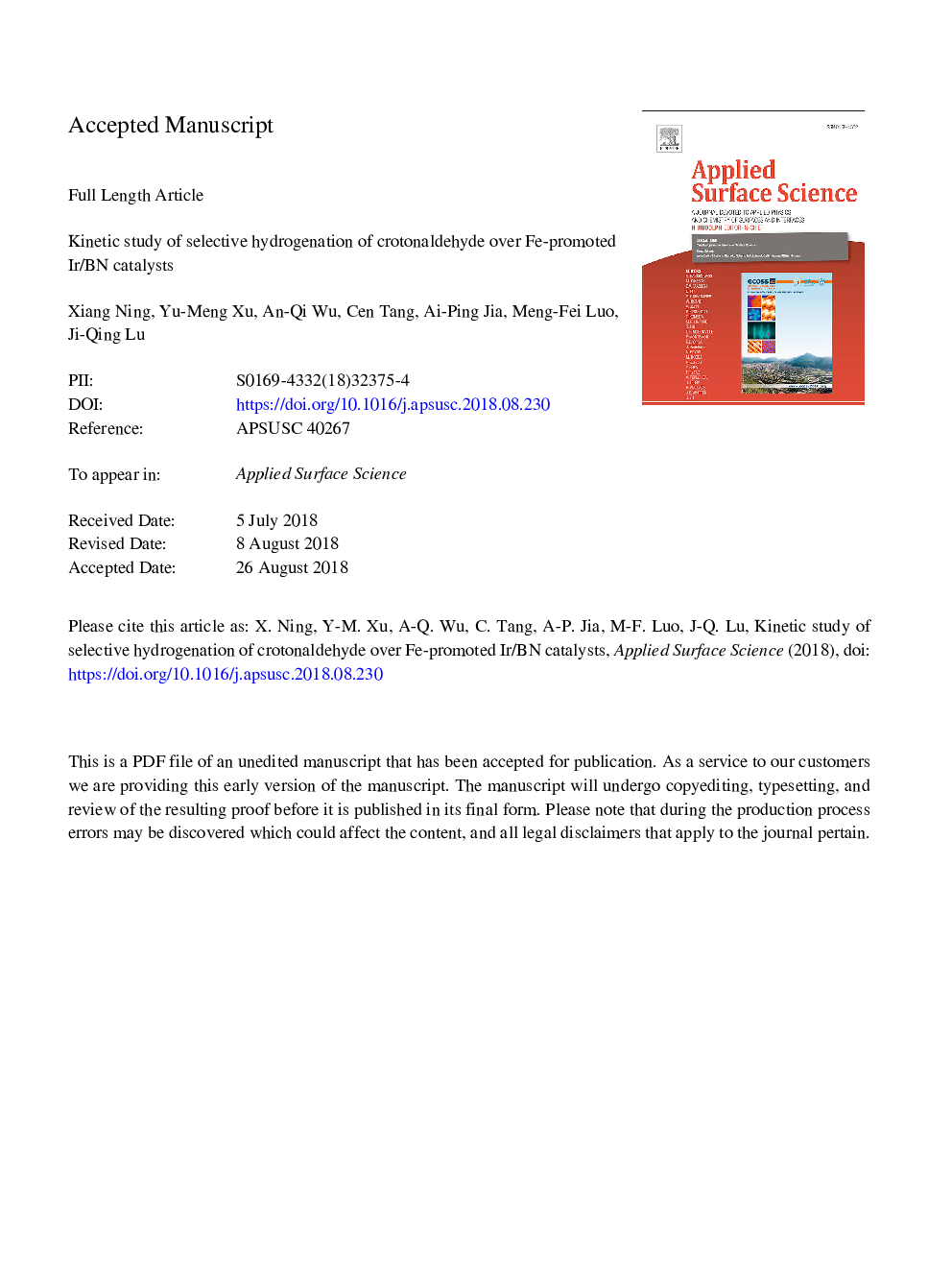 Kinetic study of selective hydrogenation of crotonaldehyde over Fe-promoted Ir/BN catalysts