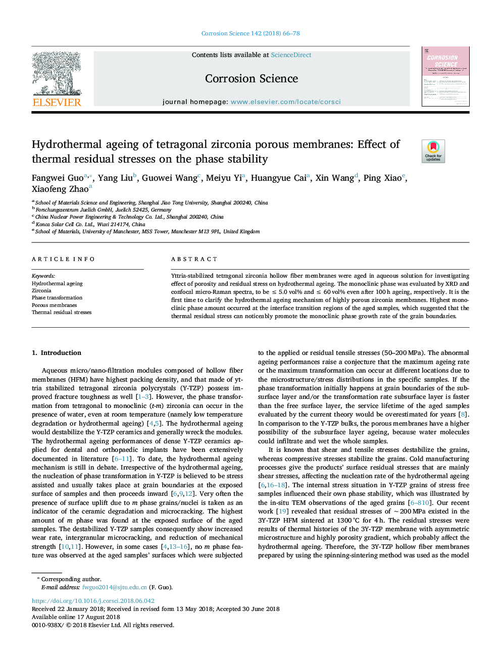 عکس صفحه اول مقاله: Hydrothermal ageing of tetragonal zirconia porous membranes: Effect of thermal residual stresses on the phase stability Hydrothermal ageing of tetragonal zirconia porous membranes: Effect of thermal residual stresses on the phase stability